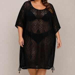 Denim & Co Black Crochet Swim Cover Up Tunic Sheer Boho Plus 3X